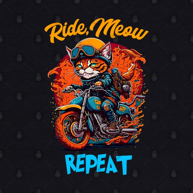 Ride,Meaw Repeat Cat riding bike funny by T-shirt US